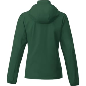 A green women's packable rain jacket with a hood, featuring a simple design and no visible branding.