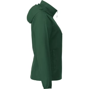 A green women's packable rain jacket with a hood and zippered front, featuring side pockets and a logo.