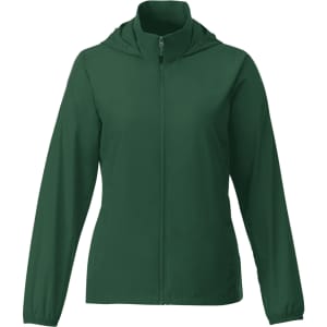 A women's packable rain jacket in a rich green colour with a hood and front zip. Features a logo on the jacket.