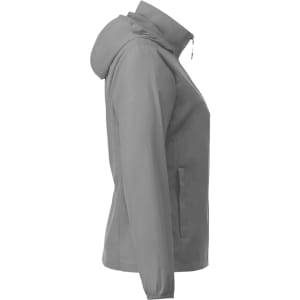 A grey women's packable rain jacket featuring a hood and a logo.