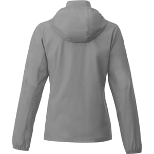 A women's packable rain jacket in light grey with a hood, featuring a logo on the back.