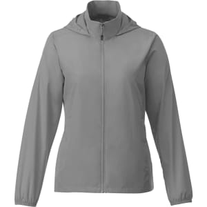 A packable women's rain jacket in grey featuring a zip front and a hood, with elastic cuffs and a branding logo.