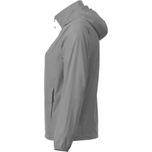A women's packable rain jacket in grey, featuring a hood and side pockets, with a logo present.