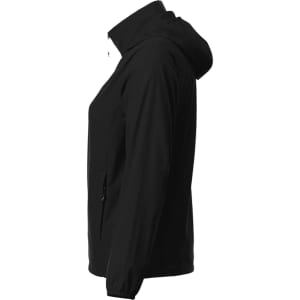 A women's black packable rain jacket featuring a hood and side pockets, displayed in a side view.