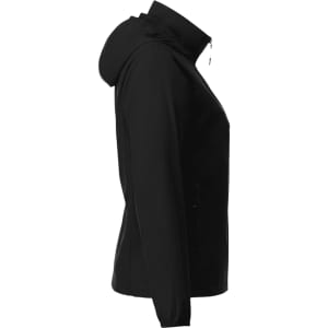 A black women's packable rain jacket with a hood, featuring a sleek, fitted design and a logo.