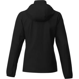 A black packable rain jacket for women, featuring a hood and long sleeves. It has a logo on the back.