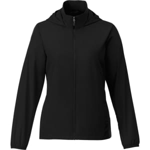 A women's packable jacket in black, featuring a zipped front and a hood, designed for rain protection.
