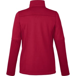 A softshell jacket in red, featuring a high collar and long sleeves, with a logo on the back.