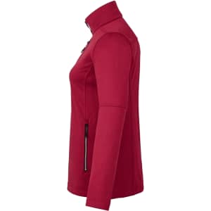 A red Women's Joris Eco Waterproof Softshell Jacket with a high collar and zippered pockets, featuring a logo.