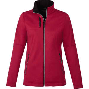 A red women's softshell jacket featuring a high collar and zippered pockets, with a logo on the front.
