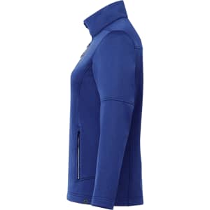 A blue women's softshell jacket featuring a high collar and side pockets, with a logo on the sleeve.
