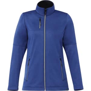 A blue women's softshell jacket with zippered pockets and a high collar, featuring a logo.