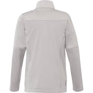 A light grey women's softshell jacket with a high collar and long sleeves, featuring a logo on the side.
