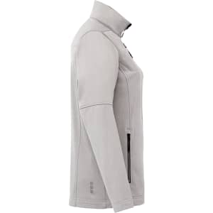 A light grey women's softshell jacket with a high collar and side pockets, featuring a logo.