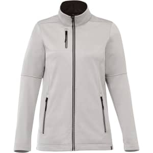 A women's waterproof softshell jacket in light grey, featuring zippered pockets and a high collar.