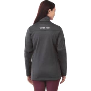 A dark grey women's softshell jacket with a high collar and a logo on the back.