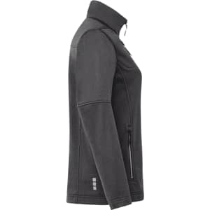 A women's eco waterproof softshell jacket in dark grey, featuring a zip closure and side pockets. The jacket has a logo.