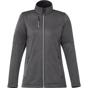 A women's softshell jacket in dark grey, featuring a zip front, high collar, and two side pockets. It has a logo.