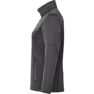 A black women's softshell jacket with a high collar and zippered pockets, featuring a logo.