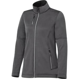 A women's softshell jacket in dark grey, featuring a zip front and two side pockets. The jacket has a logo.