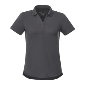 A women's short sleeve polo shirt in dark grey with a collar and button placket, featuring a logo.