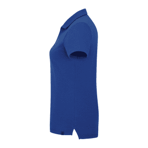 A blue women's polo shirt with short sleeves and a collar, featuring a logo.