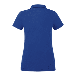 A blue women's short sleeve polo shirt with a classic collar and a logo on the side.
