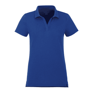 A blue women's polo shirt with a classic collar and a small logo on the hem.