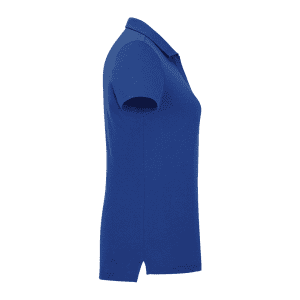 A blue women’s polo shirt with short sleeves and a side seam, featuring a logo.