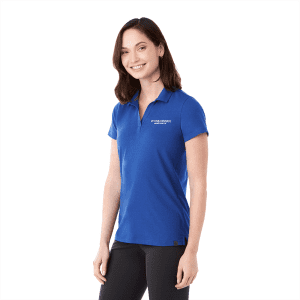 A short sleeve women's polo shirt in blue with a logo on the chest.