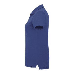 A women's short sleeve polo shirt in navy blue with a collar and side vents, featuring a branding logo.