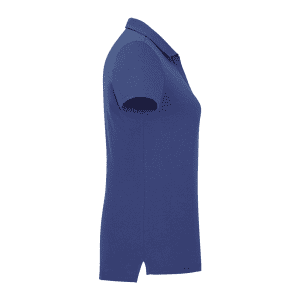 A side view of a women's short sleeve polo shirt in navy blue, featuring a collar and a logo.