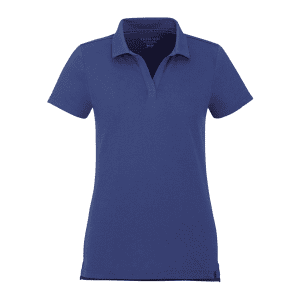 A women's short sleeve polo shirt in navy blue, featuring a collar and a logo.