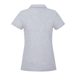 A grey women's short sleeve polo shirt with a collar and a logo on the back.