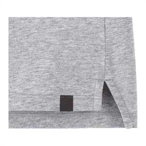 A grey women's polo shirt featuring a side split and a logo on the hem.