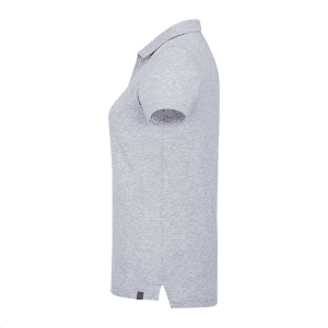 A grey short sleeve polo shirt for women featuring a simple design and a logo.