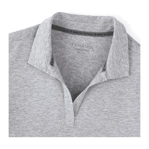 A grey women's polo shirt with a collar and branding on the inside neck.