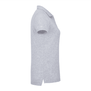 A women's short sleeve polo shirt in grey, featuring a classic collar and a logo.