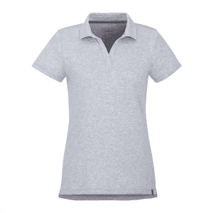 A grey women's polo shirt with a short sleeve, featuring a collar and a logo on the side.