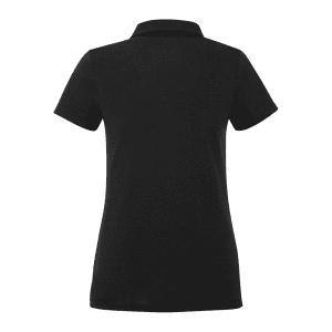 A black women's polo shirt with short sleeves and a classic collar, featuring a logo.