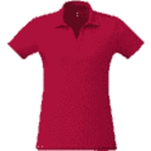 A red women's polo shirt featuring a collar and short sleeves, with a logo on the front.