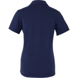 A navy blue women's polo shirt with a collared neck and short sleeves. Features a logo.