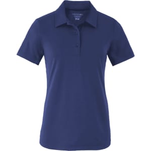 A navy polo shirt with short sleeves, featuring a collar and three buttons, and includes a logo.