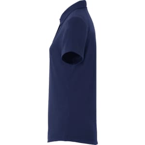 A women's polo shirt in navy blue, featuring a classic collar and short sleeves. It has a logo on the chest.