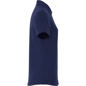 A navy blue women's polo shirt featuring short sleeves and a collar. It includes a logo.