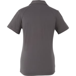 A women's eco polo shirt in dark grey, featuring a standard collar and short sleeves. It has a logo on the back.