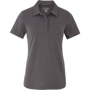 A women's eco-friendly polo shirt in dark grey, featuring a classic collar and a button placket. It has a logo on it.