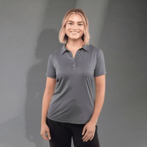 A women's grey eco polo shirt with a collar, featuring a logo, designed for performance.