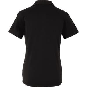 A black women's polo shirt with a classic collar and short sleeves, featuring a logo on the side.