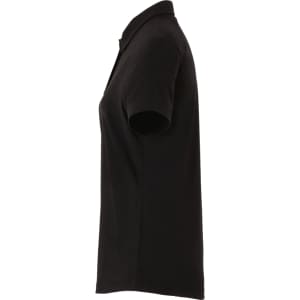 A black women's polo shirt featuring a collar and short sleeves. Includes a branding logo.